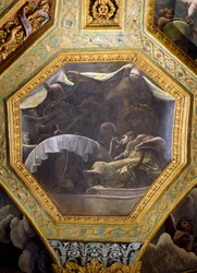 Psique comiendo en la casa de Cupido, casetón del techo de la Sala di Amore e Psyche, 1528